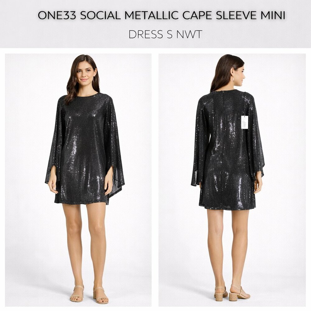 One33 Social Metallic Cape Sleeve Mini Dress NWT Size Small